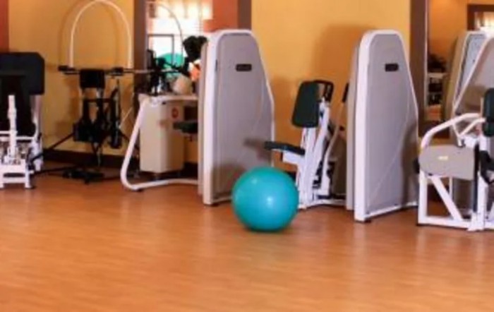 A gym with various exercise equipment and an exercise ball on the wooden floor.