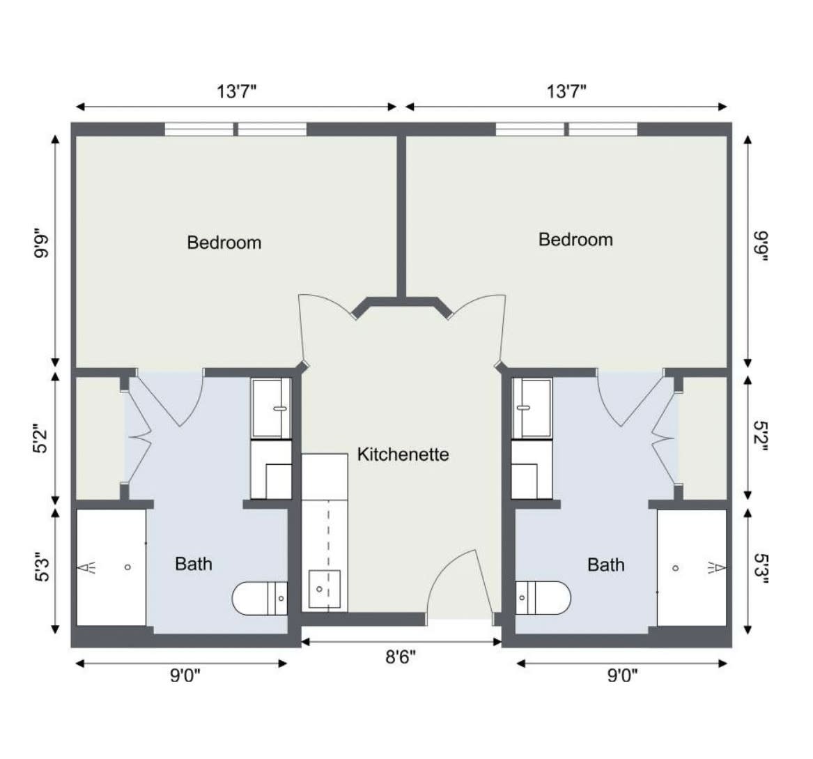 This is a floor plan of an apartment featuring two bedrooms, two bathrooms, and a kitchenette.