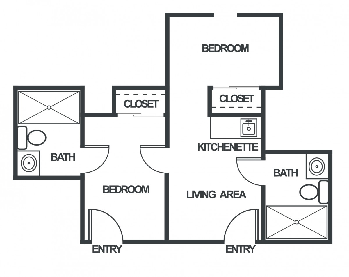 A floor plan layout featuring two bedrooms, two bathrooms, a kitchenette, and a living area.