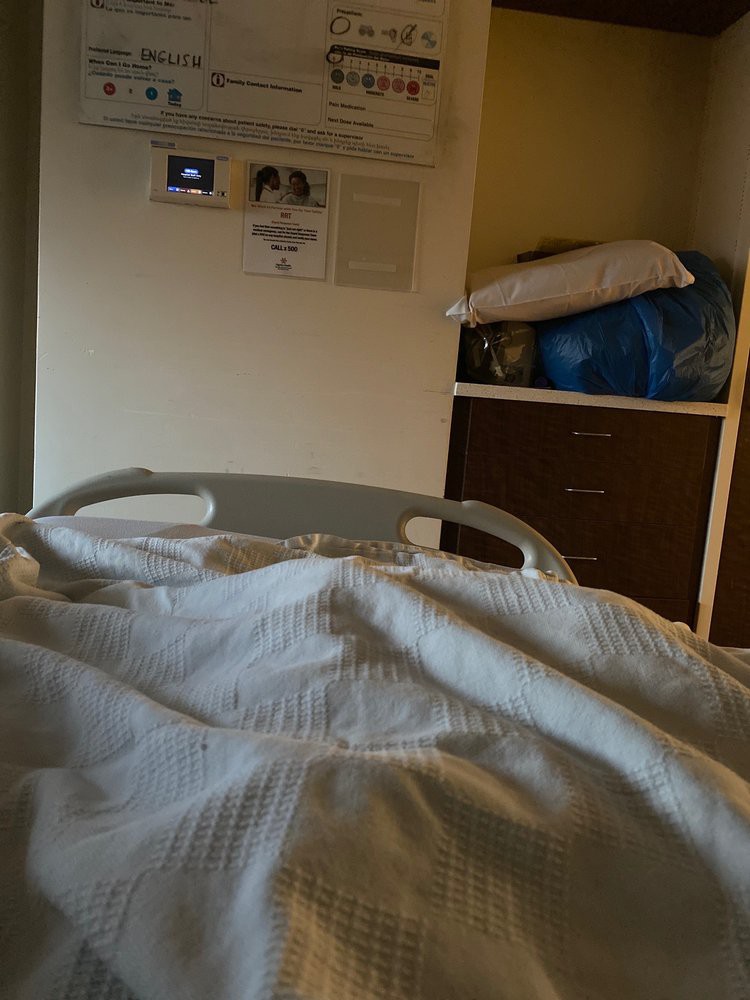 View from a hospital bed in a patient room.