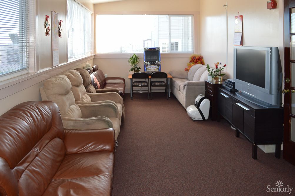 A cozy living room with couches, armchairs, a television, and large windows.