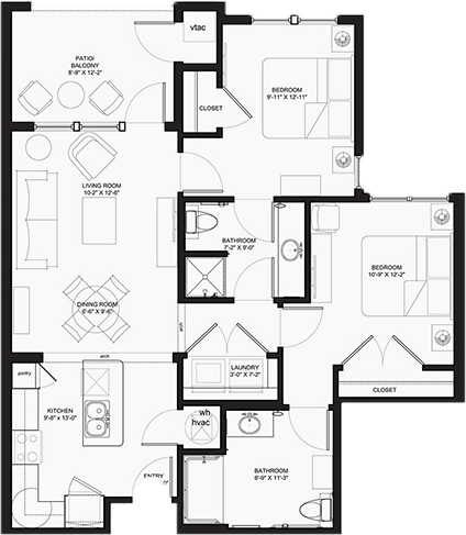 A detailed floor plan of an apartment, showcasing room layouts and furniture arrangements.