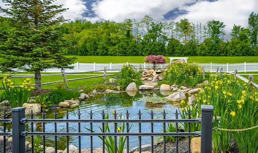 A serene pond surrounded by lush greenery and rocky formations, inviting a peaceful escape into nature.