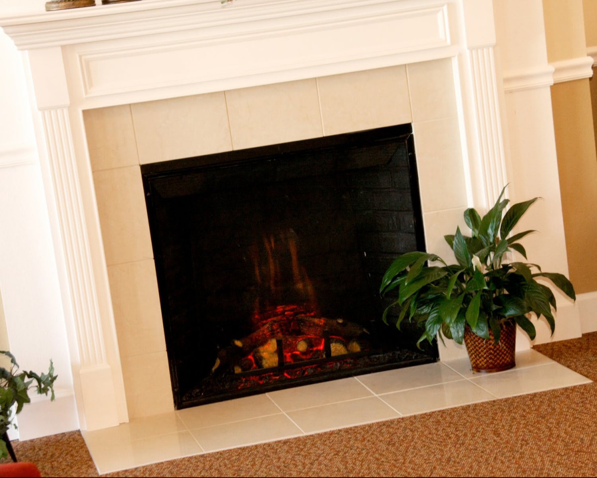 A cozy indoor fireplace with a potted plant beside it.