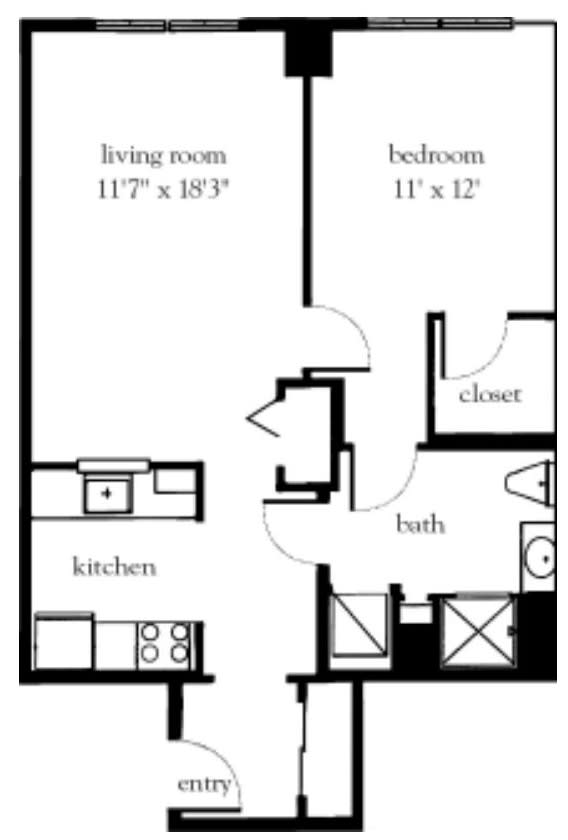 A floor plan of a one-bedroom apartment with a kitchen, living room, bathroom, and closet.
