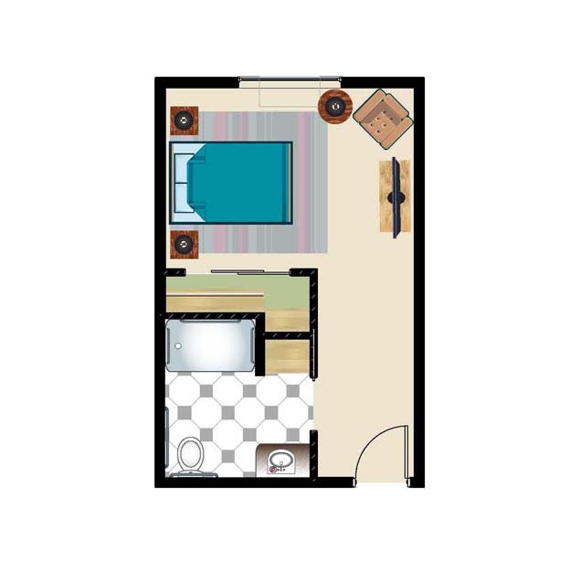 Compact studio apartment floor plan displaying bed, bathroom, and small living area.