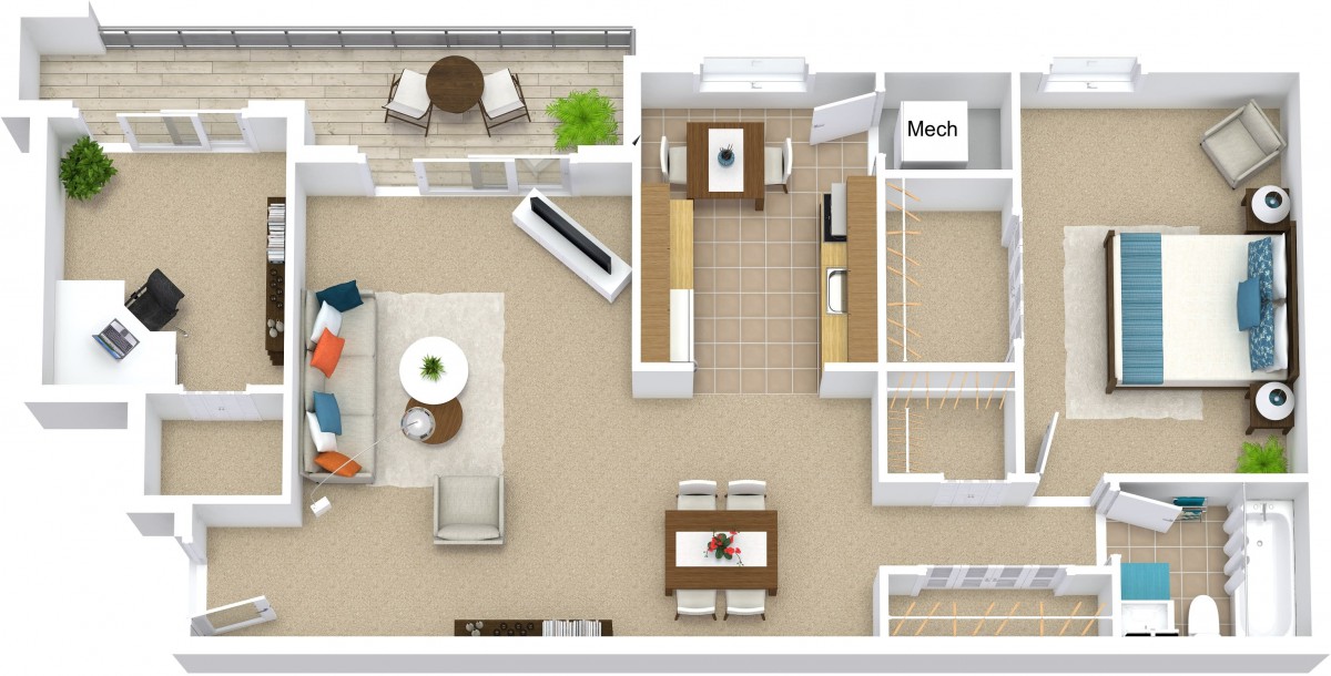 A top-down view of an apartment floor plan showing a living room, kitchen, dining area, and balcony.
