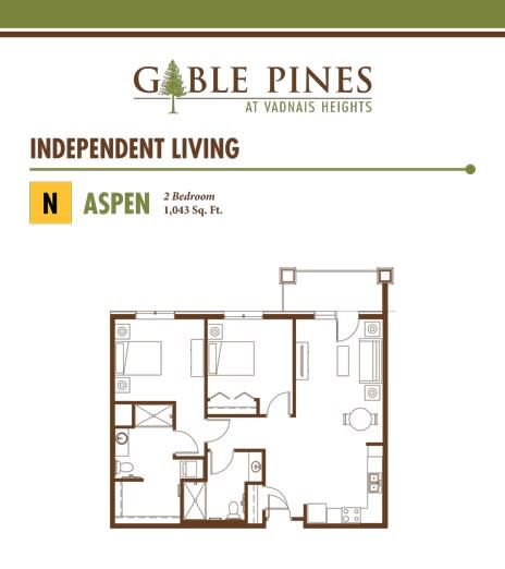 Floor plan of a one-bedroom Aspen unit at Gable Pines Independent Living.