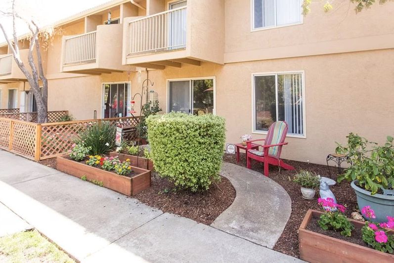 A cozy apartment with a small garden and outdoor seating area.