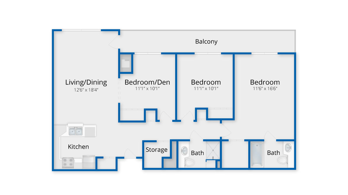A detailed floor plan of an apartment layout featuring multiple bedrooms, a balcony, and common living areas.