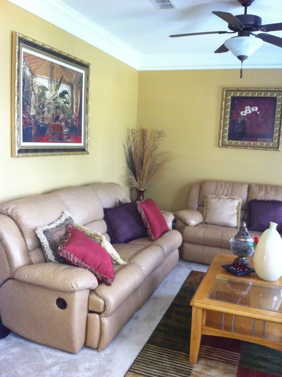 A cozy living room featuring leather sofas, colorful cushions, and framed artwork on the walls.