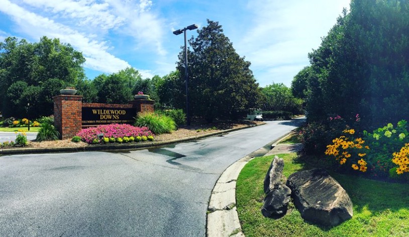 A scenic entrance with a landscaped driveway and vibrant flower beds.