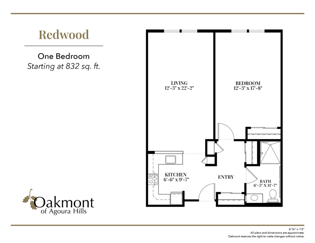 Floor plan of a one-bedroom apartment layout named Redwood, showing detailed room dimensions.