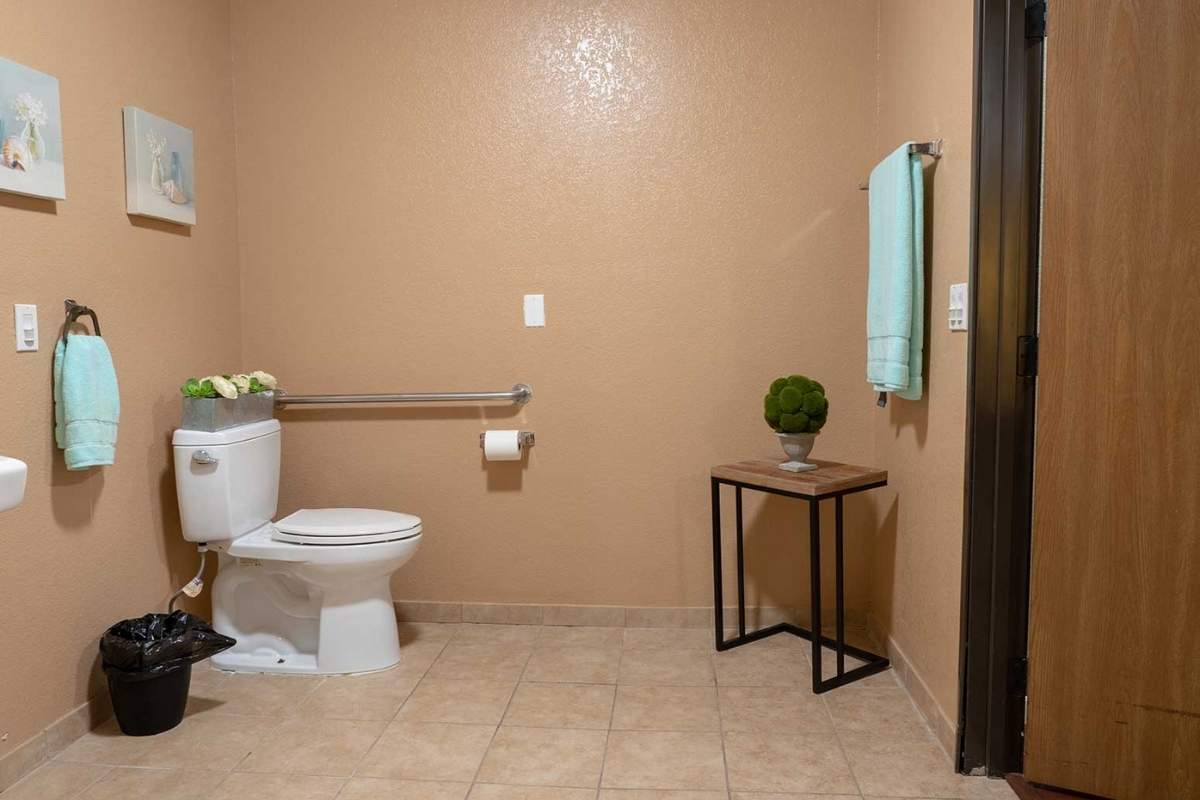 A minimalist bathroom with a toilet, handrail, and simple decor.