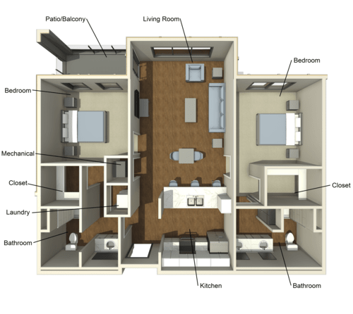 3D floor plan of a two-bedroom apartment with labeled rooms and open living area.
