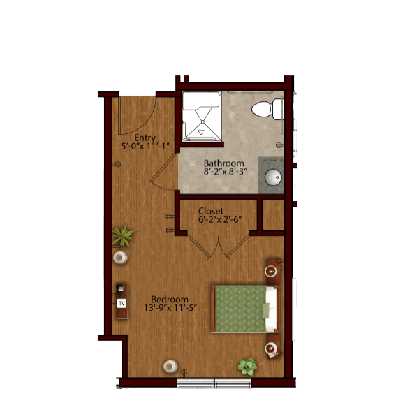 A floor plan of a small one-bedroom apartment featuring a living area, bedroom, kitchen, and bathroom.