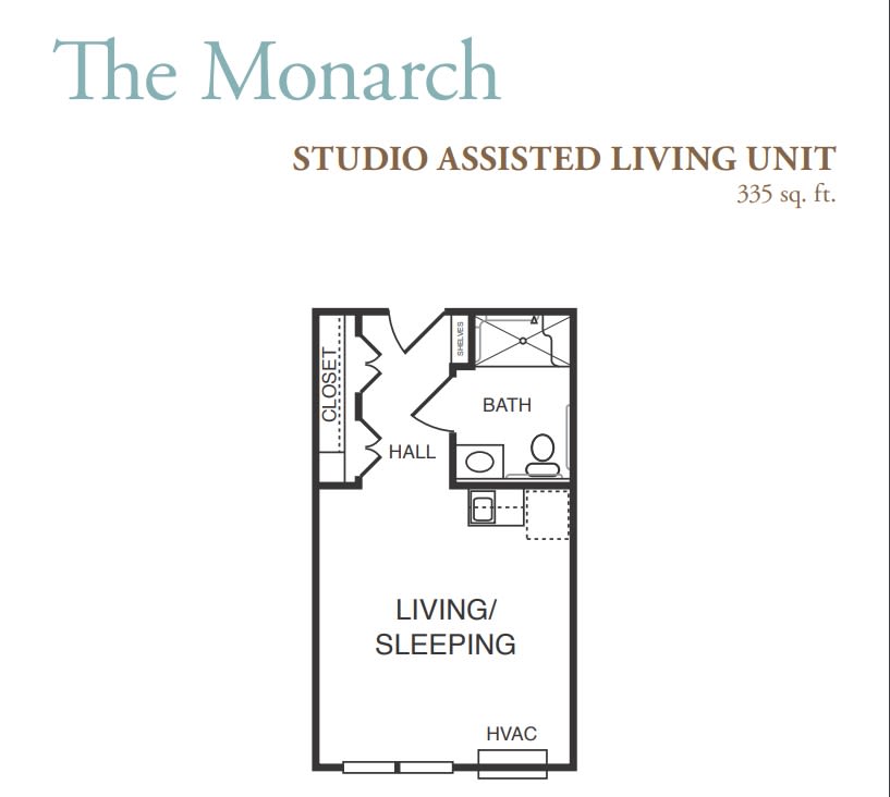 Floor plan for The Monarch studio assisted living unit.