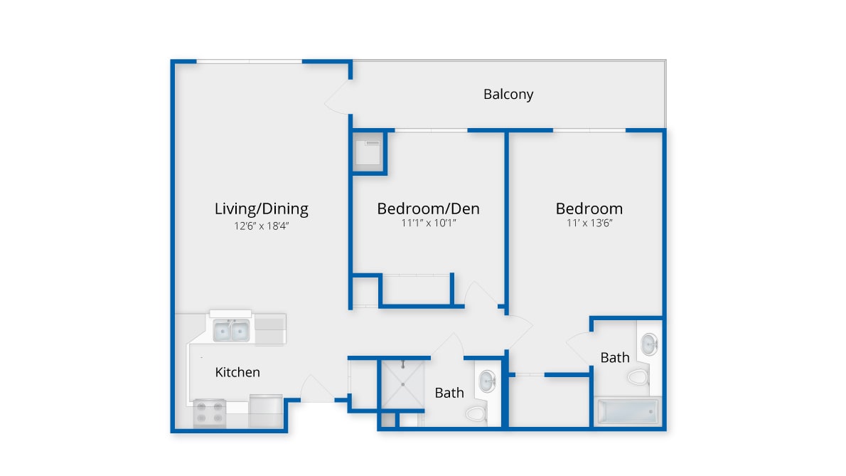 Floor plan of a two-bedroom apartment with balcony.