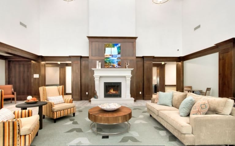 A modern living room featuring a fireplace, a comfortable couch, an armchair, and a stylish coffee table.
