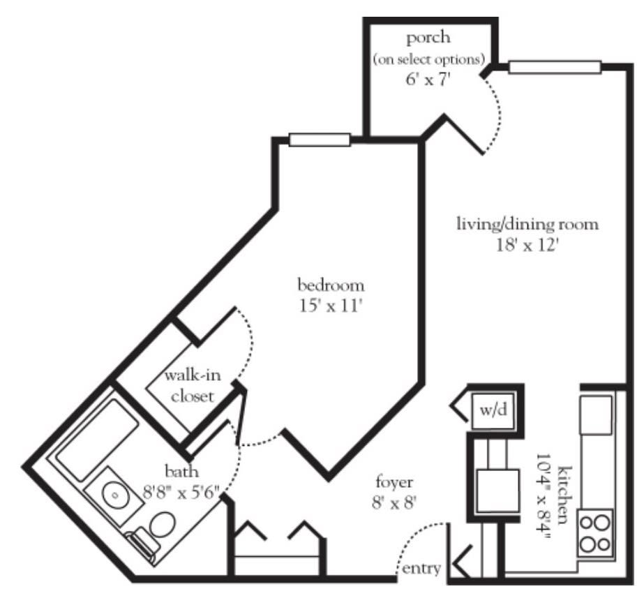 One-bedroom apartment floor plan with living/dining room, kitchen, bath, and porch.