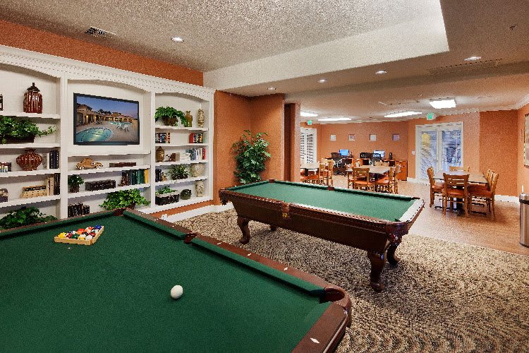 A spacious game room featuring a pool table and television, perfect for indoor entertainment.