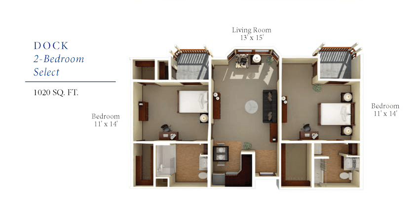 3D floor plan of an apartment with two bedrooms and a living room.