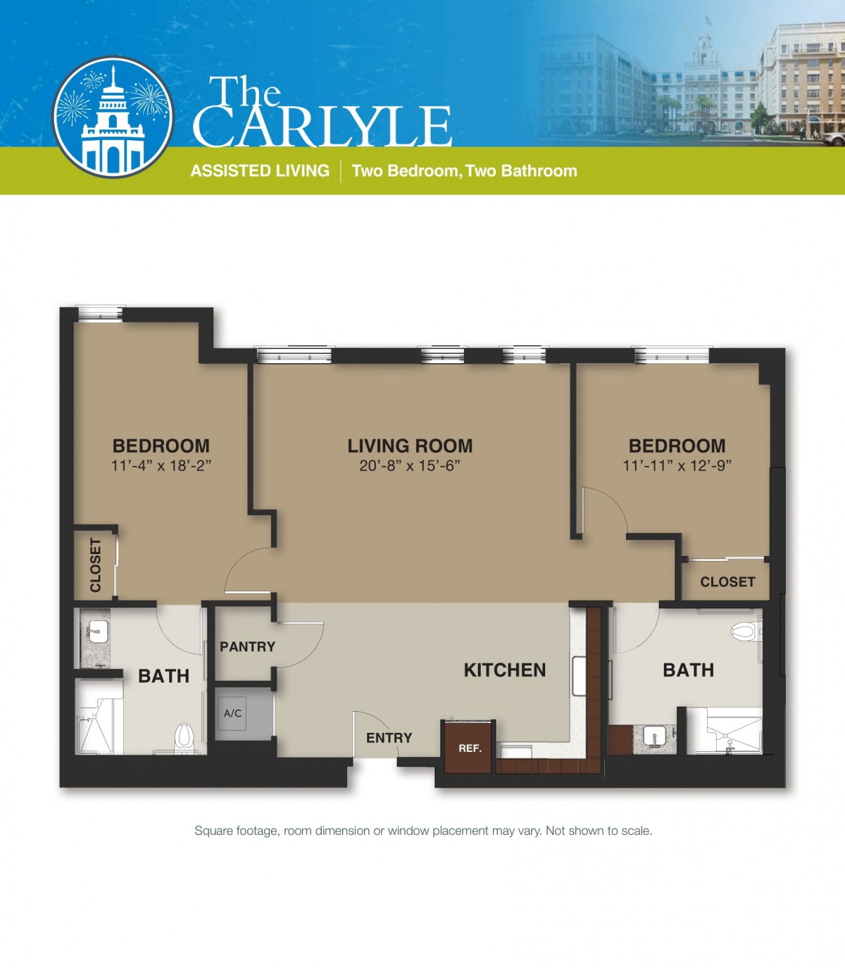 Floor plan of a two-bedroom apartment with living room, kitchen, and two bathrooms.
