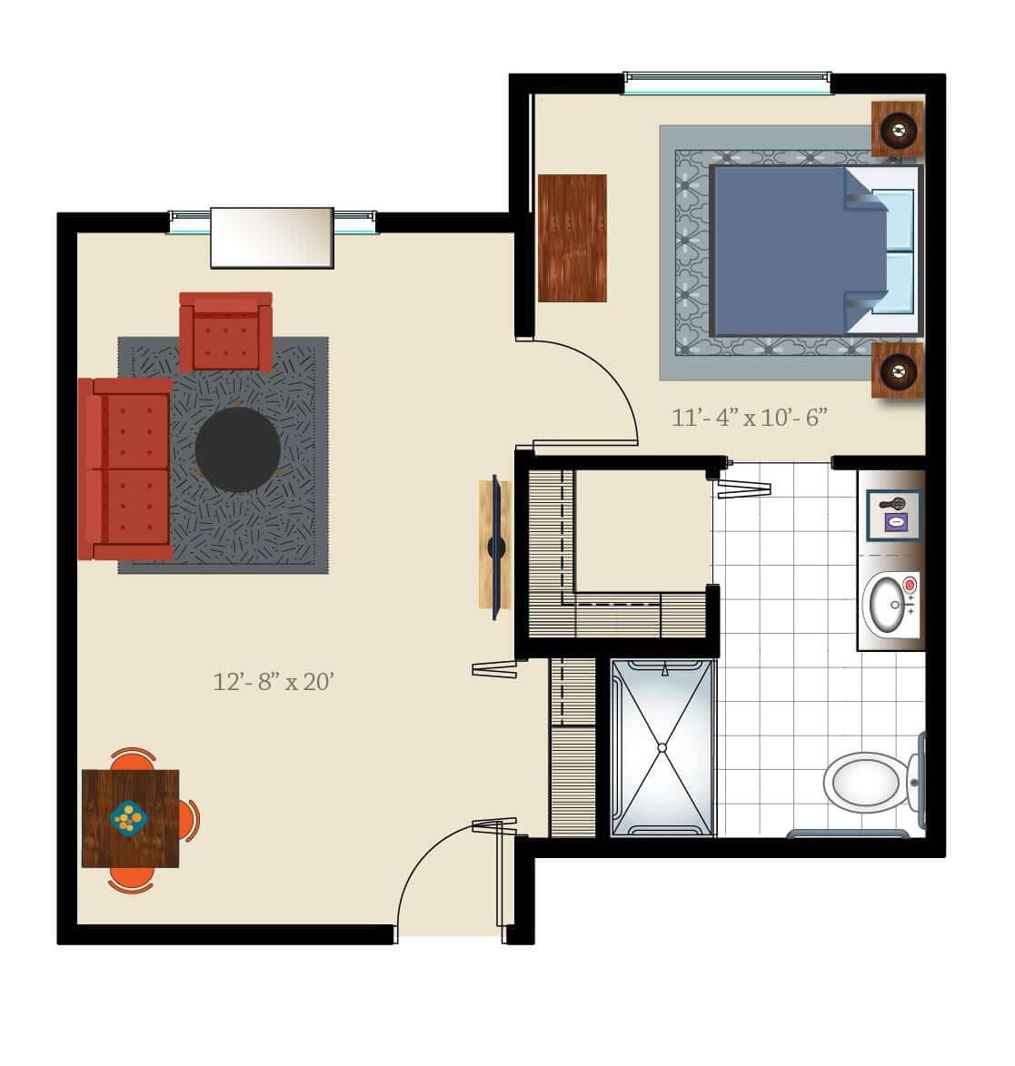 A floor plan of a compact apartment with a living room, bedroom, kitchen, and bathroom.