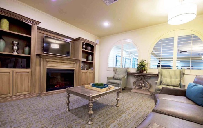 Elegant living room with a cozy fireplace and stylish furniture.