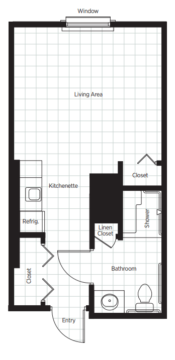 A floor plan of a small apartment featuring a living area, kitchenette, and bathroom with shower.