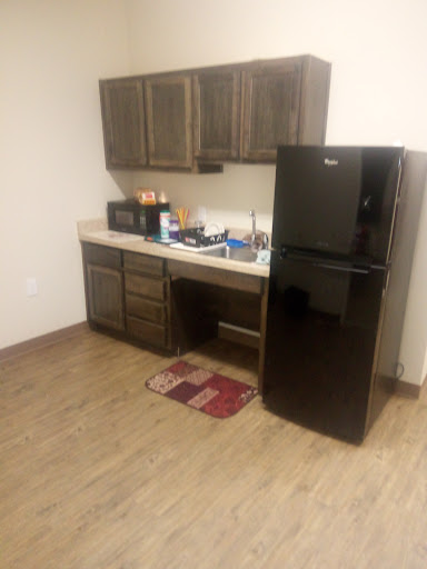 A view of a compact kitchen featuring dark cabinets, a black refrigerator, and a well-organized countertop.