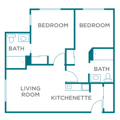 A floor plan of a two-bedroom apartment with a living room, kitchenette, and two bathrooms.