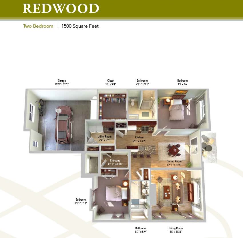 The Redwood floor plan features a detailed 3D apartment layout with two bedrooms, a living room, kitchen, and bathroom.