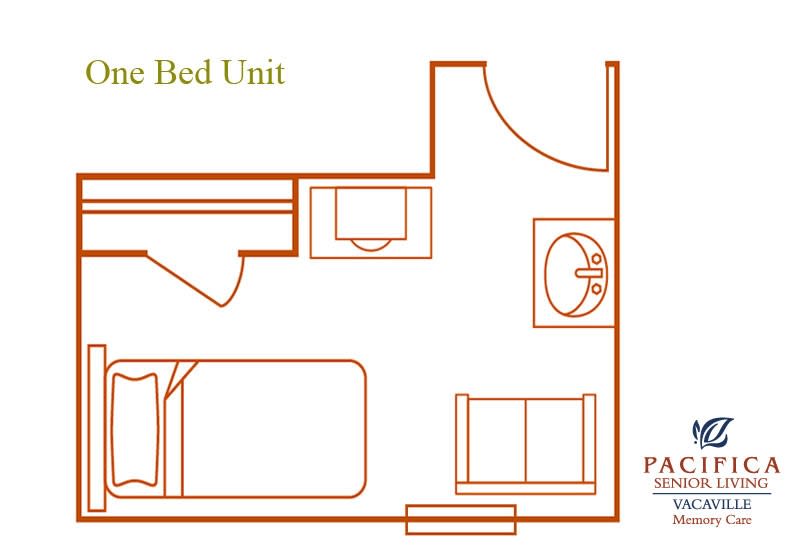 Floor plan of a single bed unit with bathroom and seating area.