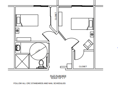 A floor plan layout showing two bedrooms and a shared bathroom.