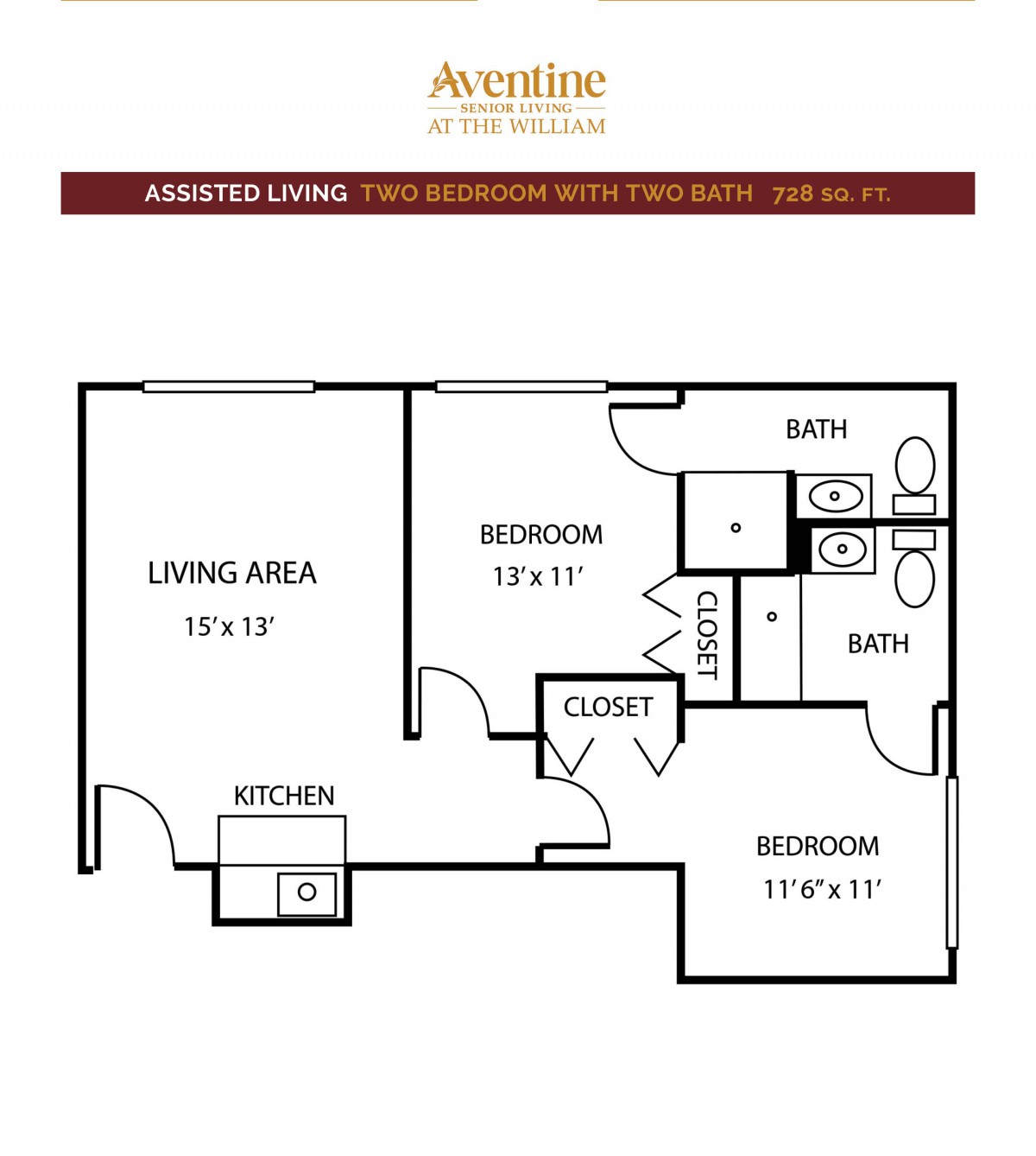 A floor plan of a two-bedroom apartment with living area, kitchen, and bathrooms.