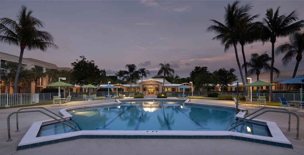 A tranquil resort swimming pool surrounded by palm trees at dusk.