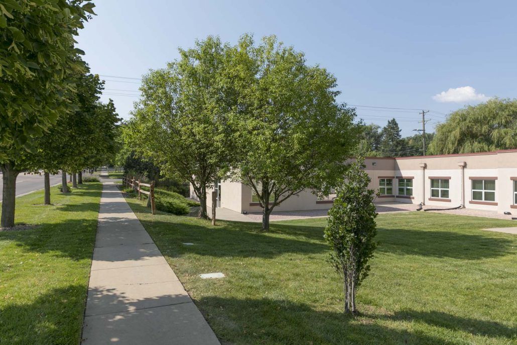 A suburban scene with a sidewalk lined by trees and a building in the background.