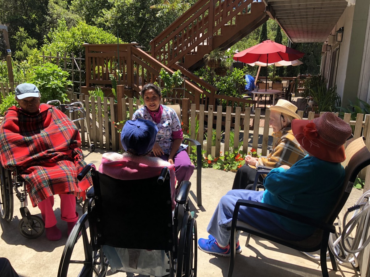 A group of elderly individuals enjoying a sunny day outdoors, seated in a garden area.
