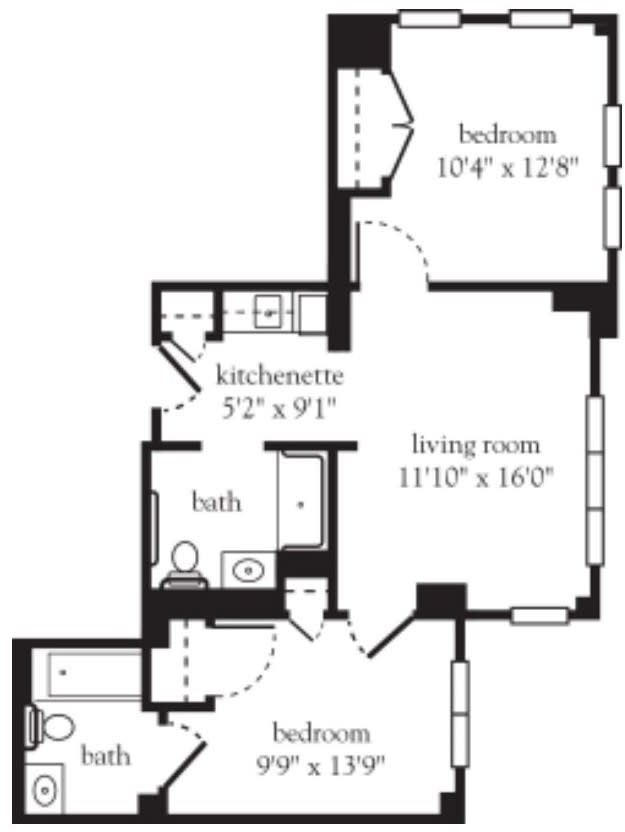 A floor plan of a one-bedroom apartment with labeled dimensions for each room.