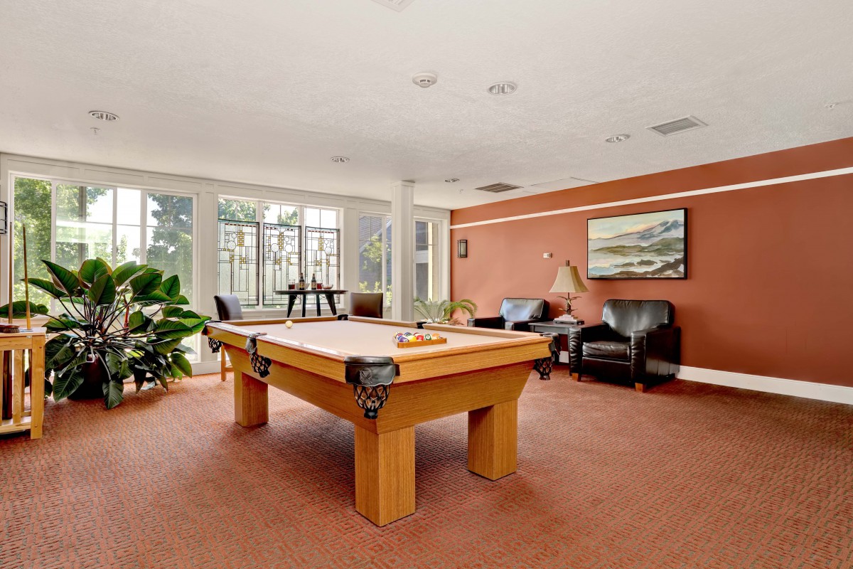 A cozy game room featuring a billiard table and comfortable seating.