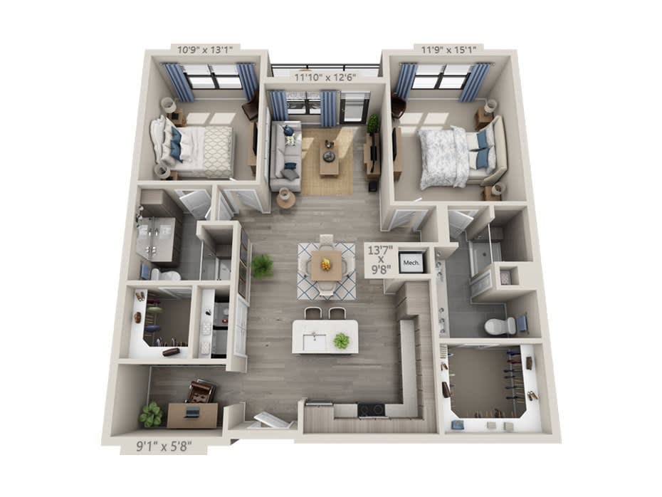 A 3D rendered floor plan of a two-bedroom apartment with a spacious living area, kitchen, and bathrooms.