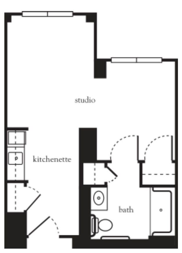 Studio apartment floor plan with kitchenette and bathroom layout.