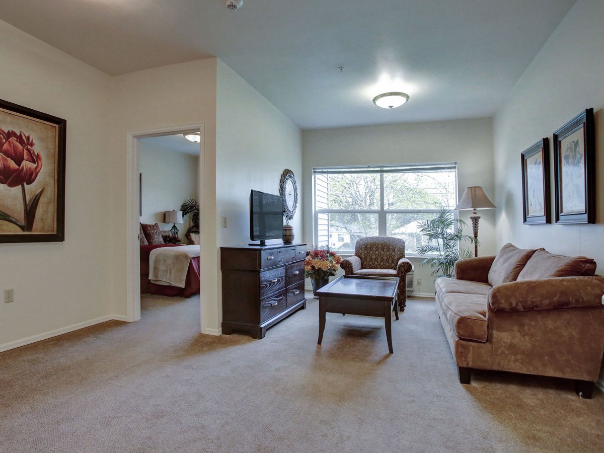 A cozy living room with a sofa, armchair, coffee table, and a television.