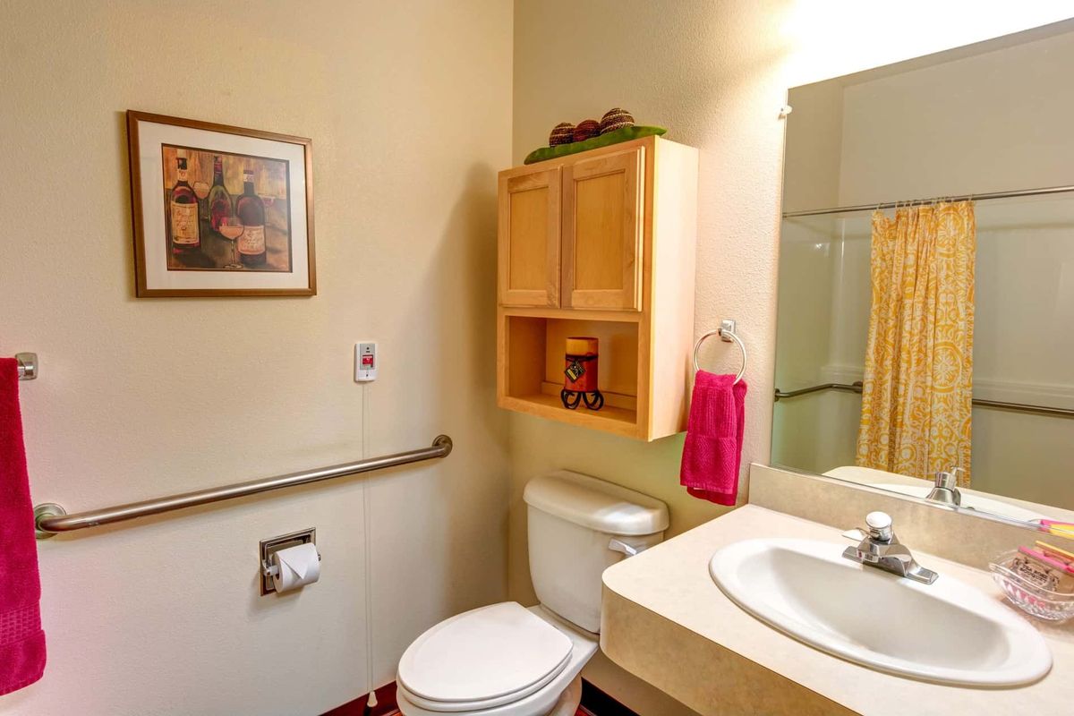 A well-organized bathroom with a toilet, sink, mirror, and wooden cabinet.