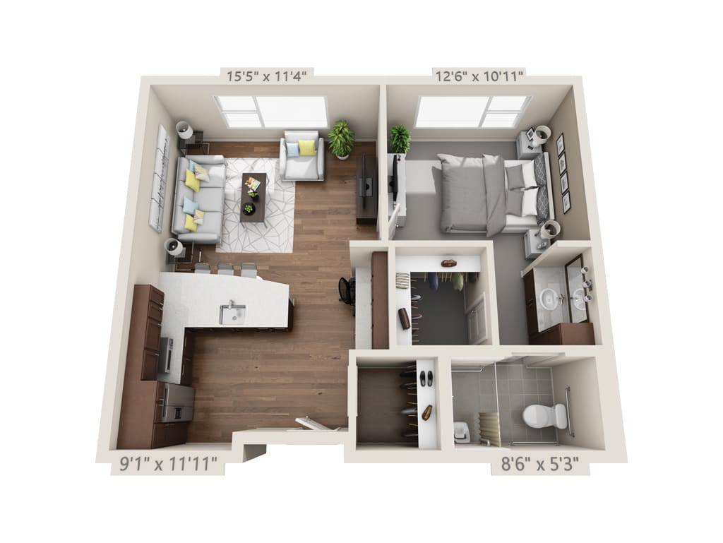 A 3D-rendered floor plan of an apartment showcasing the layout with labeled dimensions.