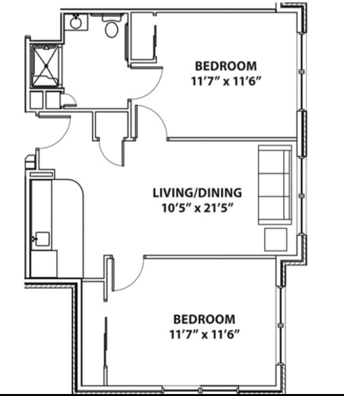 Floor plan of a two-bedroom apartment with living/dining area.