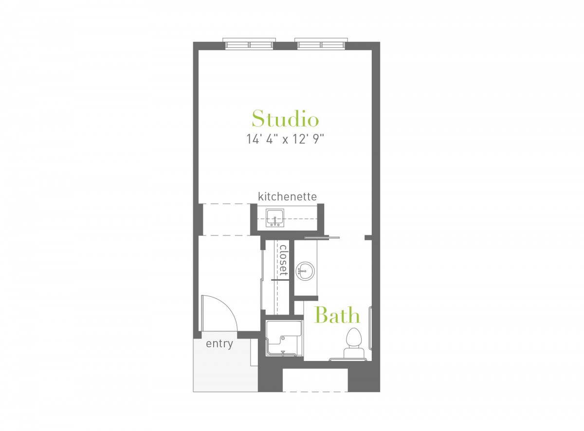 A floor plan of a studio apartment featuring a combined living and sleeping area, kitchen, and bathroom.