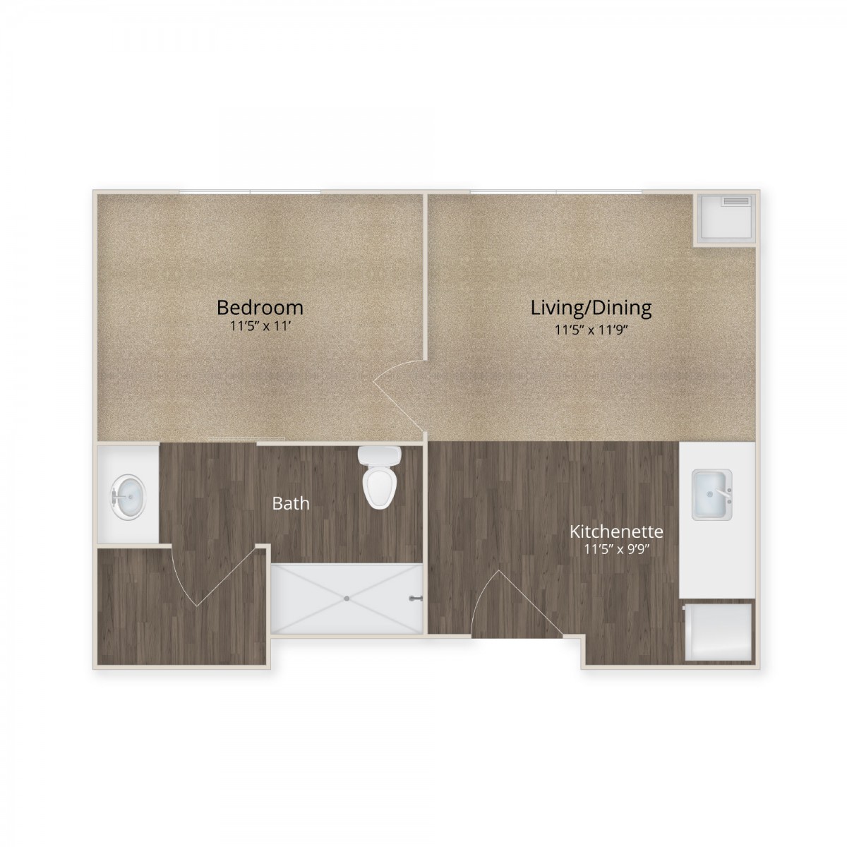 A floor plan of a one-bedroom apartment featuring a living/dining area, bathroom, and kitchen.