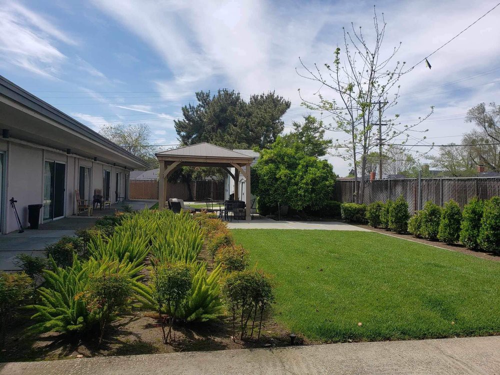 A peaceful garden with a gazebo, surrounded by lush greenery and a well-maintained lawn.